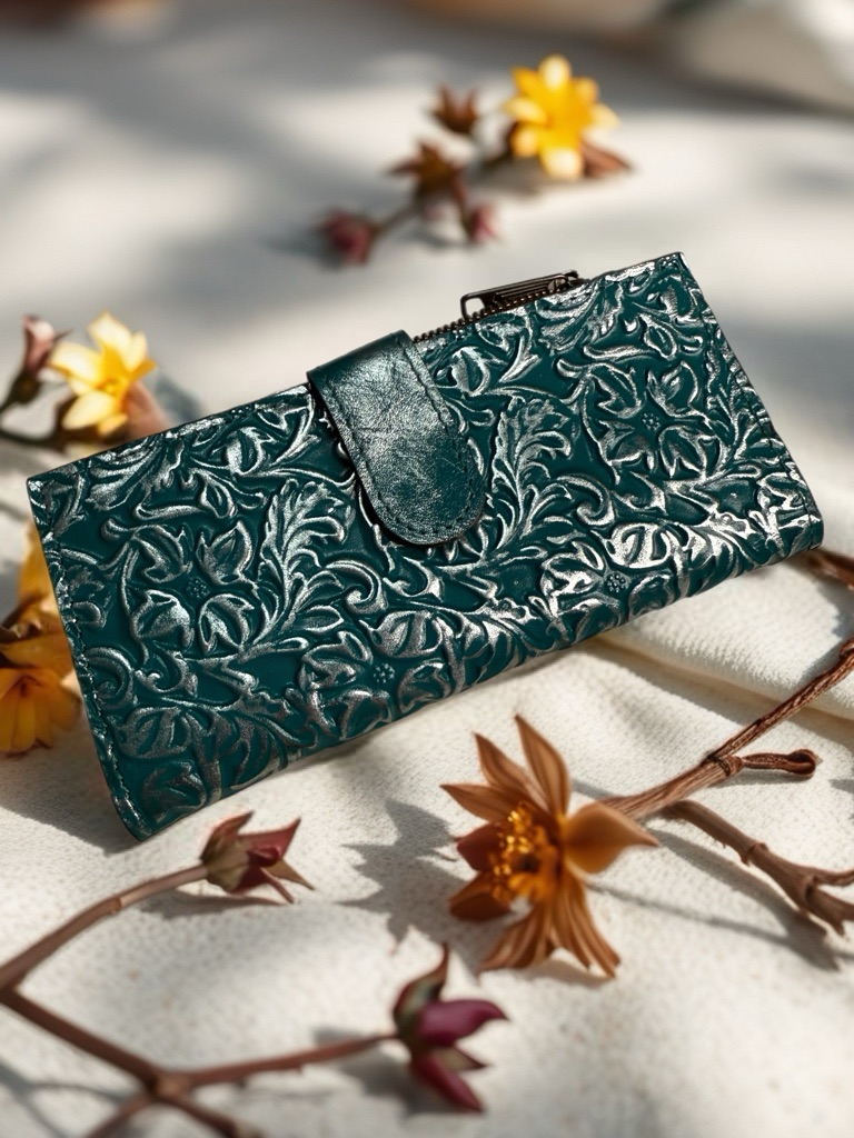 Embossed Floral Leather Wallet  Teal Green